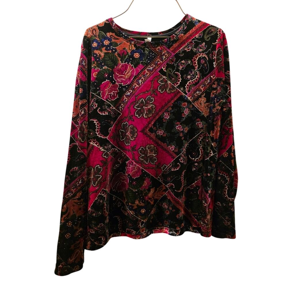 Vtg Floral Velvet Patchwork Womens Long Sleeve Shirt Dark Romantic Witchy Gothic